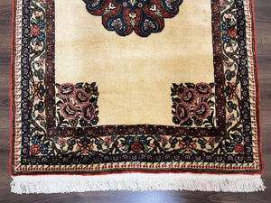 Persian Bidjar Rug 3x5, Open Field Medallion, Hand Knotted, Ivory/Cream Red Blue, Wool Oriental Bijar Carpet, 3 x 5 Vintage Area Rug, Floral Roses, Fine