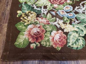 Floral Needlepoint Rug, Medium Rug, Vintage Area Rug, Handmade Flat Weave Rug, Dark Brown Rug, Multicolor Large Colorful Flowers, 6x8