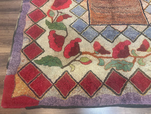Vintage American Hooked Rug 6x7, Unique Colors, Red Lavender Cream, Abstract
