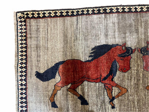 4 X 7 Handmade Hand-Knotted Quality Wool Rug Pictorial Horses Veggie Dyes Tribal
