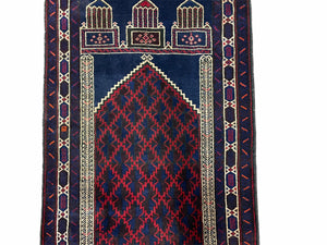 3x5 Vintage Handmade Tribal Wool Rug Balouchi Prayer Rug Afghan Rug Red Blue Wow
