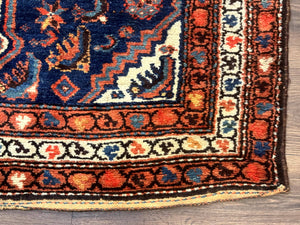 Antique Persian Hamadan Rug 4x6, Geometric, Double Medallions, Navy Blue, Tribal Carpet