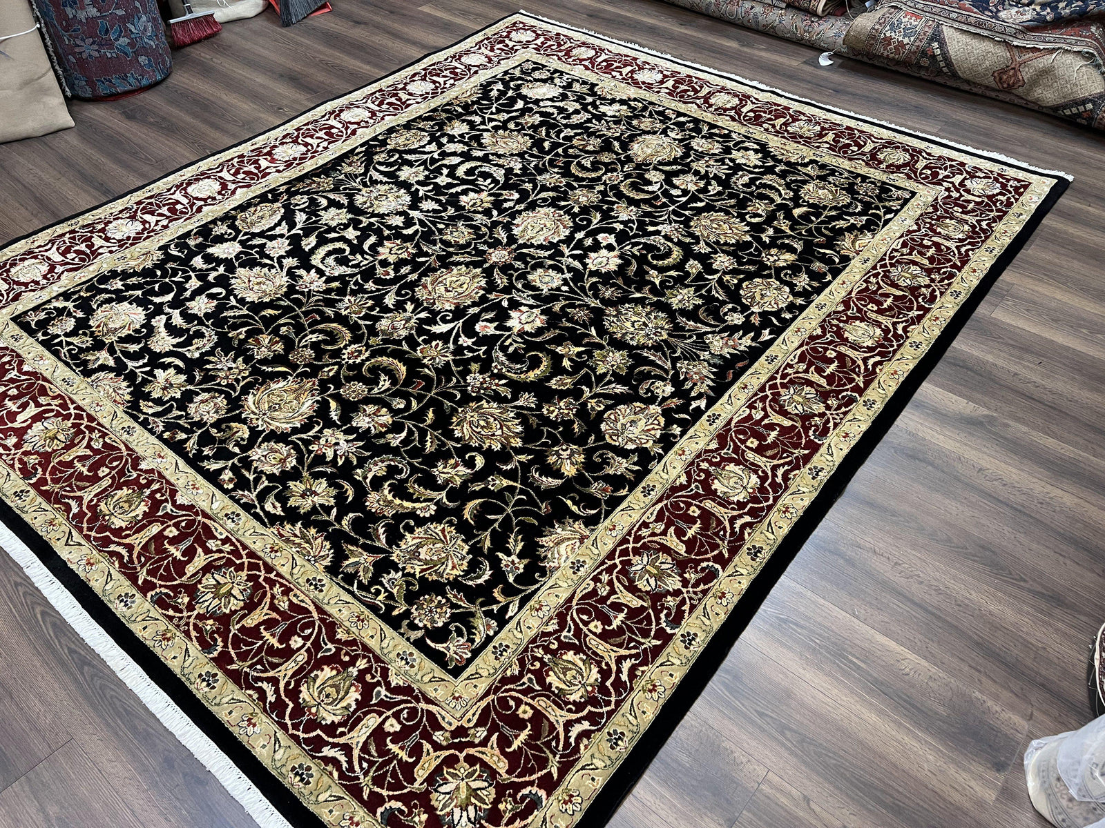 Indo Persian Rug 8x10, Black and Maroon Floral Allover Wool and Silk Oriental Carpet 8 x 10 ft, Hand Knotted Traditional Vintage Room Sized