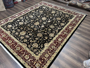 Indo Persian Rug 8x10, Black and Maroon Floral Allover Wool and Silk Oriental Carpet 8 x 10 ft, Hand Knotted Traditional Vintage Room Sized