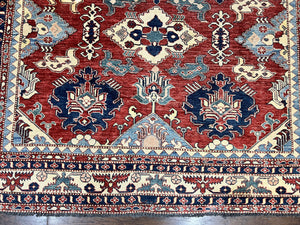 Turkish Heriz Rug 7x10, Wool Hand Knotted Handmade Room Sized Oriental Carpet, Red & Ivory, Vintage Geometric Oriental Rug 7 x 10 ft