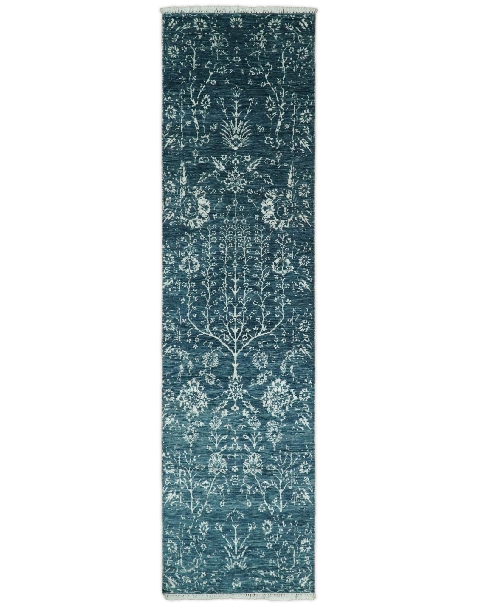 2.6x10 Fine Hand Knotted White and Blue Traditional Persian Style Antique Wool Rug