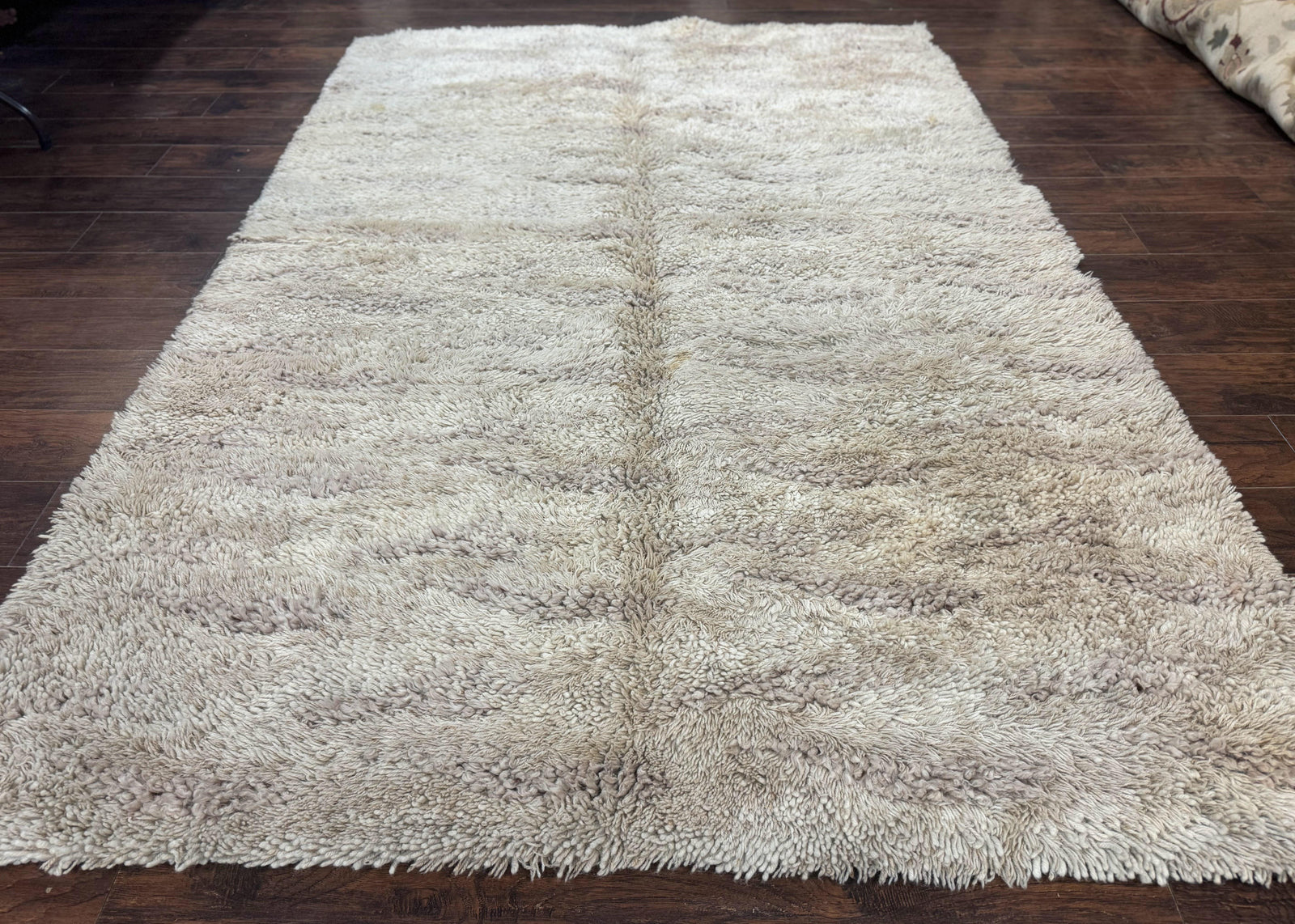 European Rya Shag Rug 6.6 x 9.7, Beige, Fluffy Vintage Area Rug