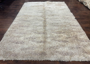 European Rya Shag Rug 6.6 x 9.7, Beige, Fluffy Vintage Area Rug