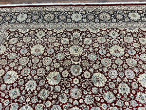 Sino Persian Rug 9x12, Floral Allover Pattern, Wool Vintage Carpet, Dark Maroon Red, 9 x 12 Traditional Room Sized Rug, Finely Hand Knotted
