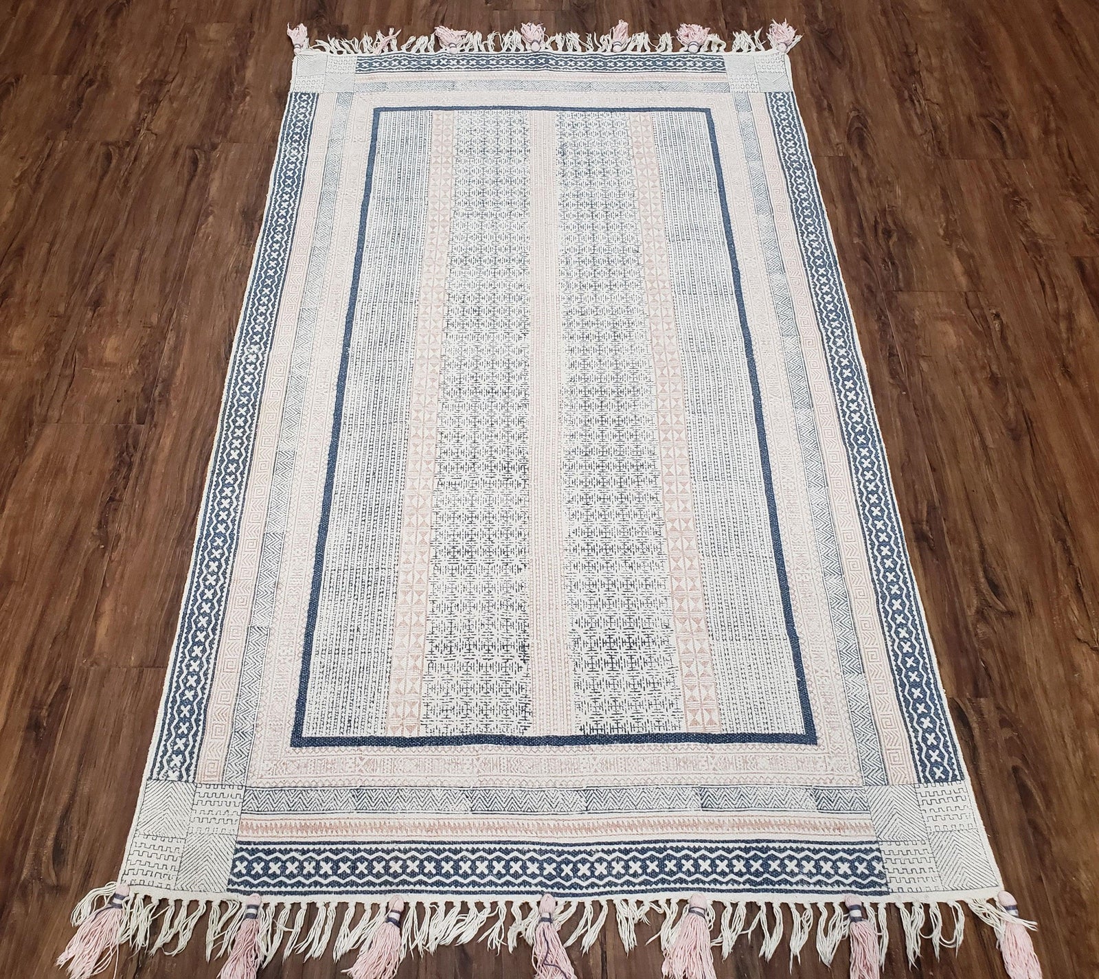 Vintage Moroccan Kilim Area Rug 4x6, Ivory & Blues, Moroccan Wall Hanging, Wool, Handmade, 3'9" x 6' 1", Boho Rug, Flatweave Moroccan Carpet