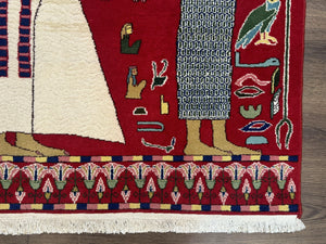 Egyptian Pictorial Rug 3x4, Hieroglyphic Pictorial Rug, Egyptian Prince and Princess, Cleopatra, Vintage Handmade, Red