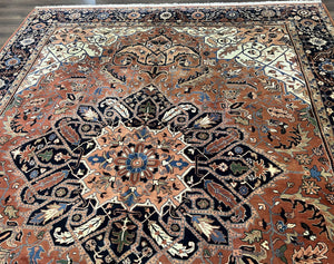 Indo Persian Heriz Rug 9x12, Geometric Medallion, Vintage Oriental Carpet, Handmade Room Sized Wool Heriz Serapi Rug, Red Navy Blue Cream