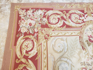 Aubusson Rug 6x9, Elegant Flatweave Rug, Aubusson Savonnerie 6 x 9 Flatweave Area Rug, Cream and Red, Wool Hand Woven Carpet, Medium Size