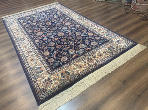 Karastan Rug #747, Indigo Tabriz 5.9 x 9, Wool Carpet Original 700 Series, Vintage Area Rug Allover Floral, Discontinued, Navy Blue Ivory