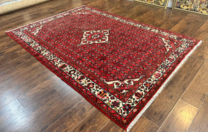 Persian Tribal Rug 7x10, Wool Handmade Semi Antique Vintage Hamadan Dargazine Carpet, Red & Ivory Allover Floral Medallion Rug, 7 x 10 Room Sized Oriental Rug