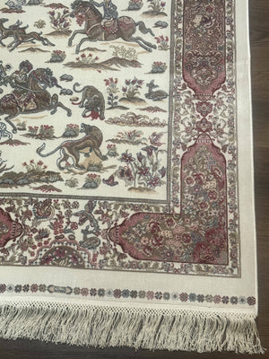 Turkish Silk Runner Rug 2.6 x 8, Hunting Design, Ivory, Bamboo Silk, New