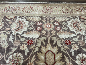 Vintage Indian Rug 9x12, Sultanabad Area Rug 9 x 12, Wool Hand Knotted Living Room Oriental Carpet, Eggplant and Khaki Color, Teawashed Rug