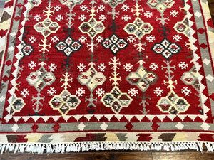 Indian Kilim Rug 6x6, Square Kilim Flatweave Carpet, Vintage Handmade Wool Rug, Red