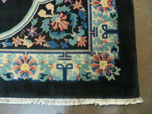 Black Chinese Wool Rug 8x10, Art Deco Floral Carpet, Soft Plush Pile