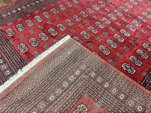 Turkoman Rug 8 x 11.6, Red Bokhara Pakistani Carpet, Wool Handmade Vintage Rug