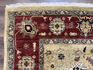 Indo Persian Mahal Rug 8x12, Wool Hand Knotted Oriental Carpet, Light Gold and Burgundy, Floral Allover, Vintage Room Sized Area Rug 8 x 12