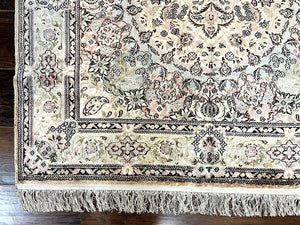 Silk Indian Kashmiri Rug 4x6, Handmade, Ivory, Fine 240 KPSI