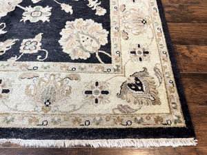 Indo Mahal Rug 8x10, Black and Beige, Vintage Rug 8 x 10 ft, Floral, Handmade Wool Carpet