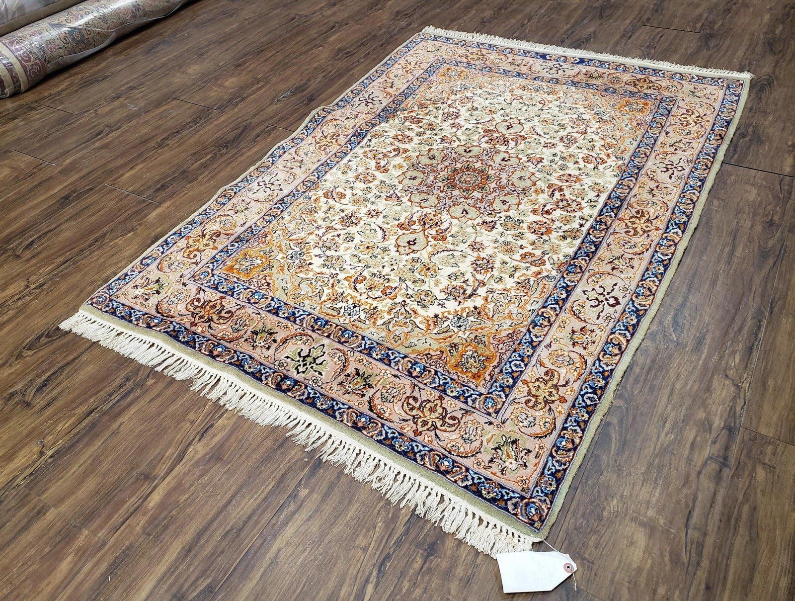 Vintage Persian Isfahan Lachak Toranj Rug, Highly Detailed, Kork Wool on Silk Foundation, Beige and Dark Blue, Hand-Knotted, 3'6" x 5' 4"