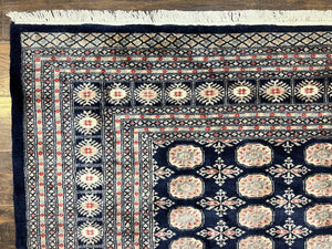 Pakistani Bokhara Rug 8x10, Turkoman Carpet, Dark Blue and Beige, Vintage Handmade Wool Carpet