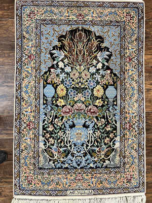Wonderful Persian Isfahan Rug 3.7 x 5, Kork Wool on Silk Foundation, Very Fine 460 KPSI, Tree of Life Persian Vase Design Animal Pictorials Peacocks