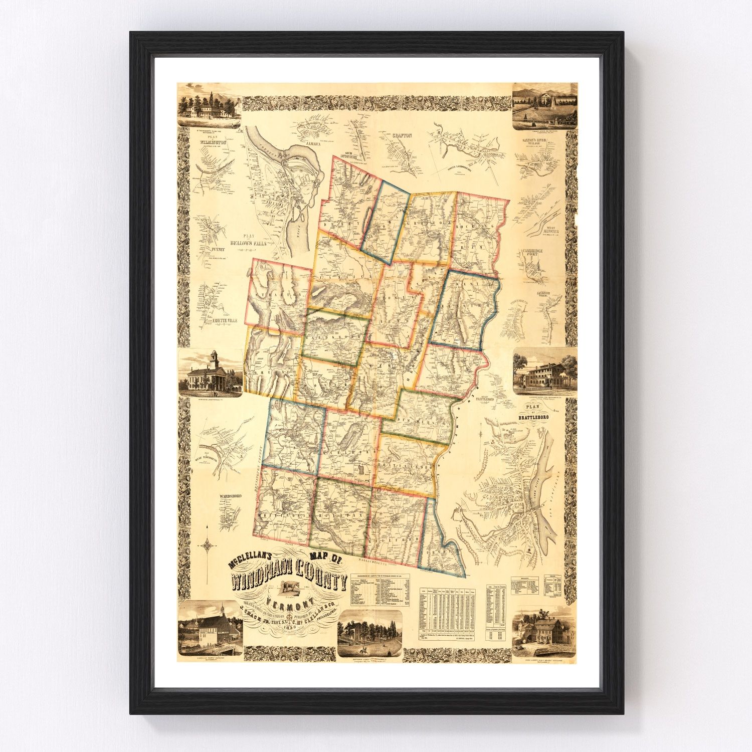 Vintage Map of Windham County, Vermont 1856