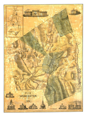 Vintage Map of Worcester County, Massachusetts 1833