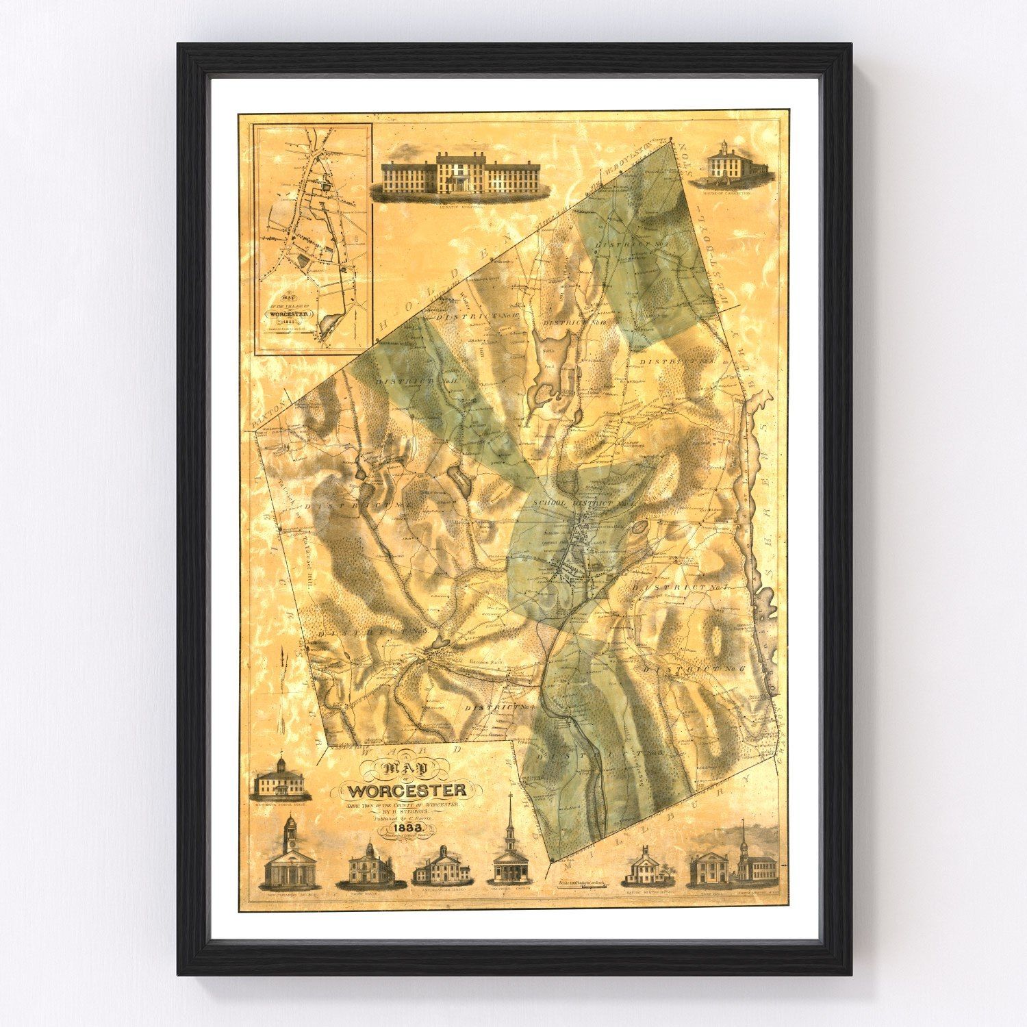 Vintage Map of Worcester County, Massachusetts 1833