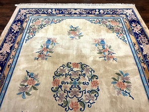 Chinese Wool Rug 8x11, Peking Asian Oriental Carpet, Cream/Ivory and Blue, Vintage Handmade Rug, Art Deco Rug