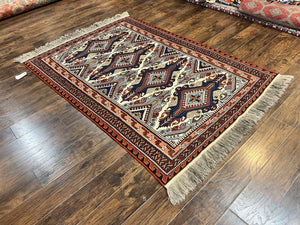 Russian Soumak Rug 6x8, Wool Handmade Antique Kilim Carpet, Multicolor 6 x 8 Geometric Medallions Caucasian Rug, Medium Size