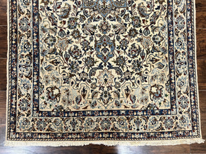 Persian Nain Rug 4x7, Floral Medallion Oriental Carpet 4 x 7 ft, Ivory Persian Rug, Handmade Hand Knotted Vintage, Wool & Silk Highlights, Birds