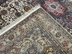Turkish Sivas Rug 7x9, Vintage Wool Hand-Knotted Carpet, Ivory Cream Purple Tan, Floral Medallion Rug, Fine Oriental Carpet, Medium Size Rug