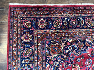 Antique Persian Mashad Rug 10x13, Red and Navy Blue, Great Colors, Signed By Masterweaver, Floral Medallion, Handmade Wool Persian Carpet