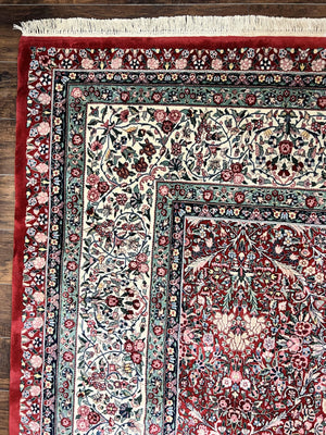 Pak Persian Rug 11x15, Wool & Silk Highlights Hand Knotted Vintage Carpet, Red Cream, Floral Allover, Oversized Kirman Rug