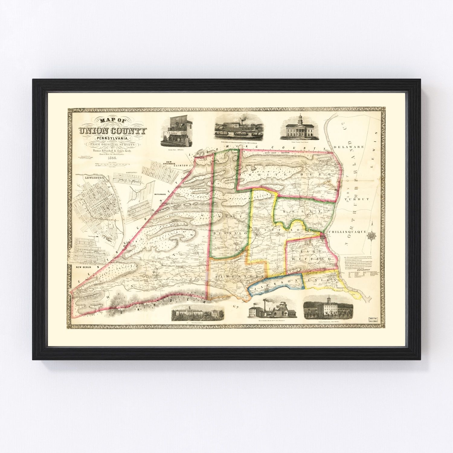 Vintage Map of Union County, Pennsylvania 1856