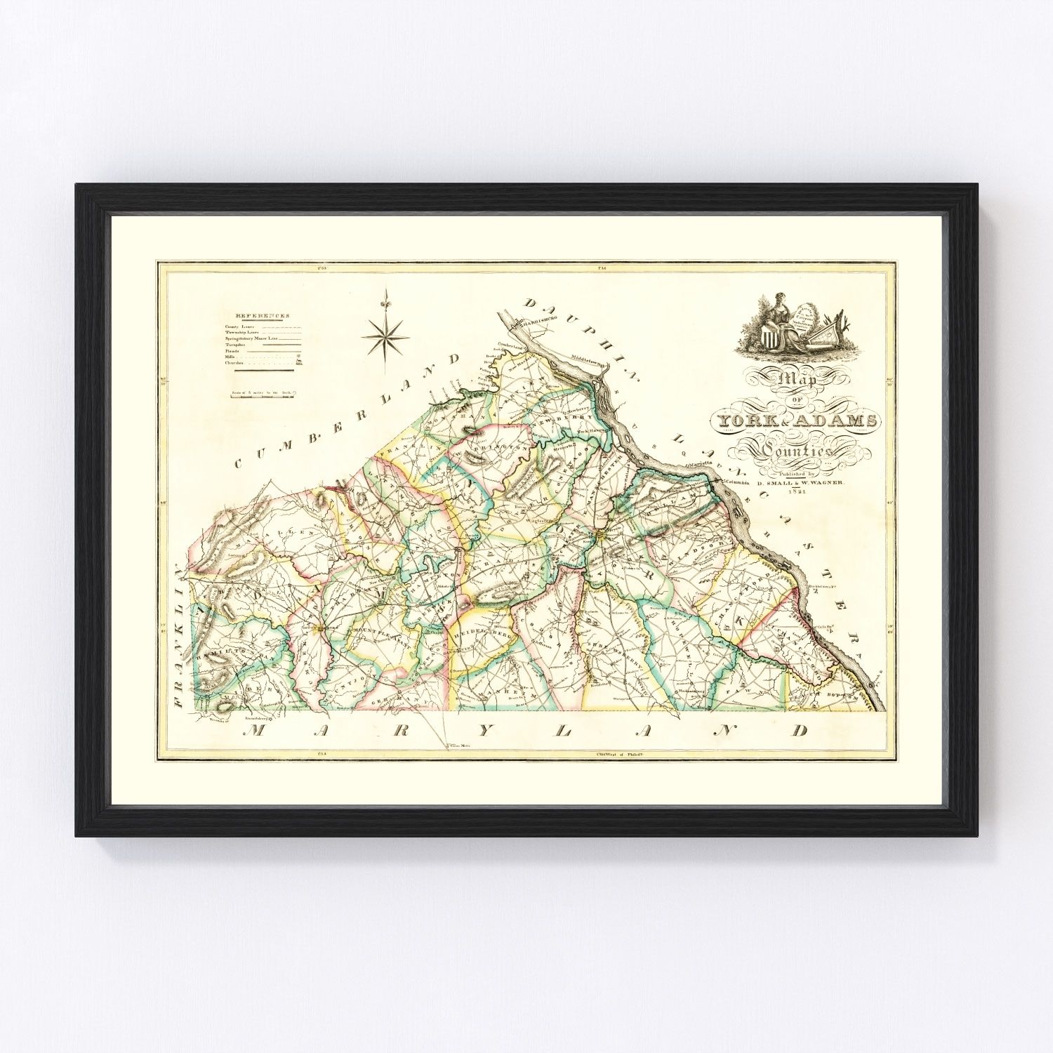 Vintage Map of York County, Pennsylvania 1821