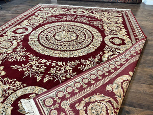 Aubusson Rug 9x12, Wool Handmade Carpet, Elegant French European Design, Dark Maroon Red, 9 x 12 Room Sized Rug, Finely Hand Knotted