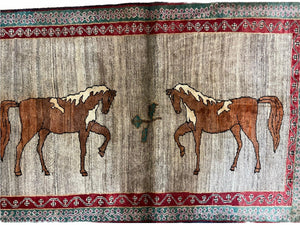 4 X 6 Handmade Rug Zagros New Vintage Quality Wool Rug Horses Silver Brown Nice