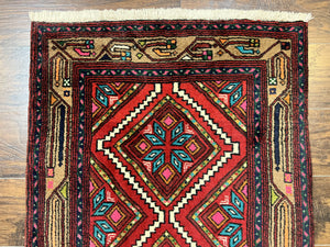Persian Tribal Runner Rug 3x10, Red Camel Hair Navy Blue, Handmade Hand Knotted 10ft Wool Oriental Vintage Runner for Kitchen or Hallway, Persian Lilihan Hamadan Runner
