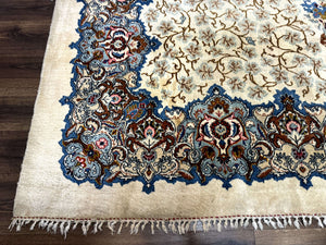 Persian Kashan Rug 9 x 12.6, Ivory and Blue, Floral Medallion, Wool Hand Knotted Semi Antique Carpet
