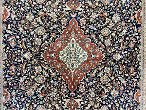 Indo Persian Rug 8x10, Floral Medallion, Vintage Handmade Wool Carpet, Navy Blue and Red, Fine 300 KPSI