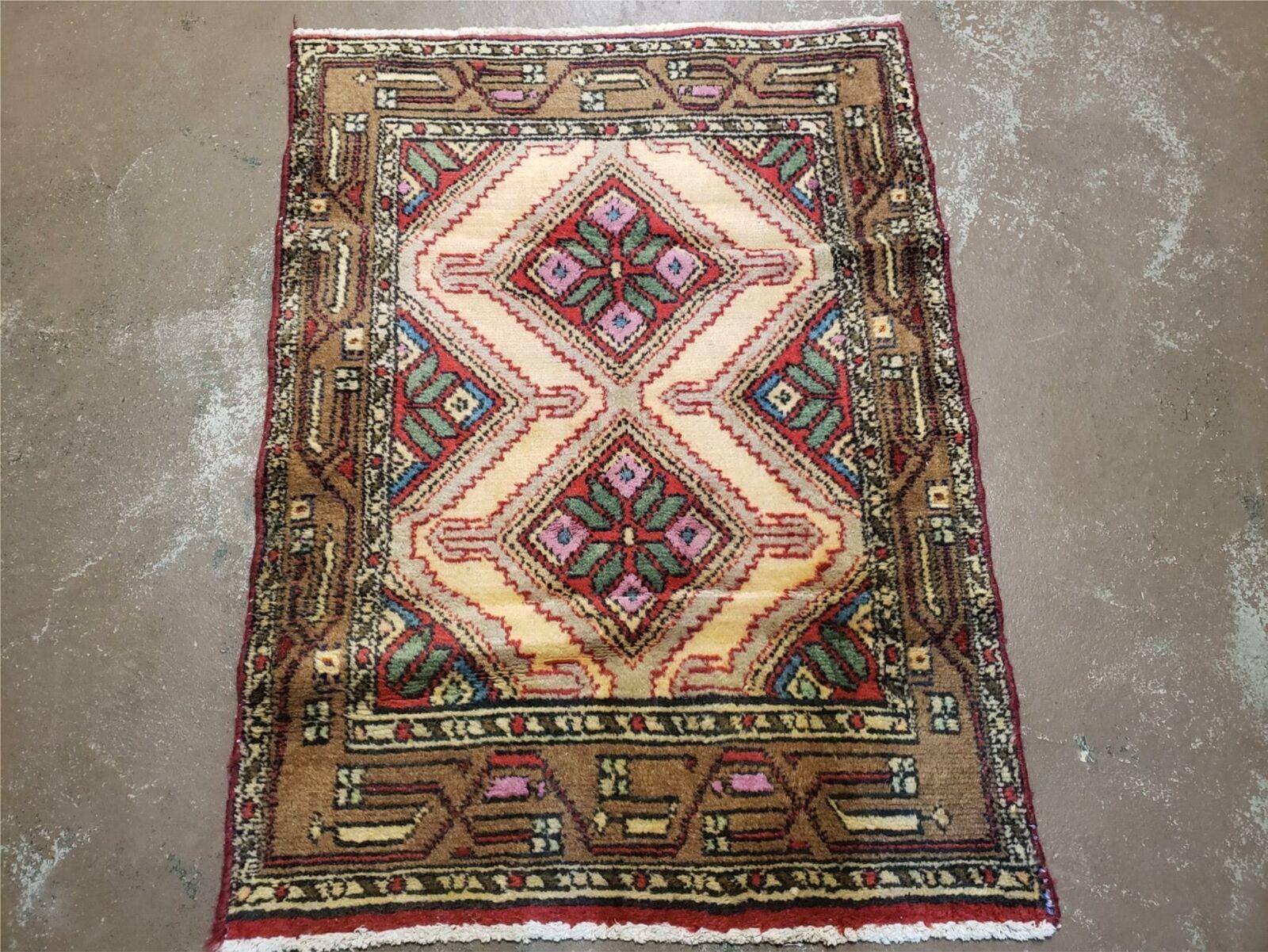Small Persian Rug 2x3, Hand Knotted Handmade Wool Tribal Geometric Medallion Hamadan Carpet 2 x 3 ft Cream Red Camel Hair Color, Tiny Vintage Carpet