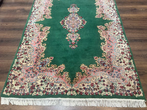 Green Persian Kerman Rug 4x6, Semi Open Field, Green & Cream, Vintage