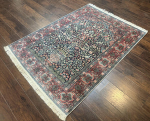 Silk Indian Kashmiri Rug 4x6, Tree of Life Pattern, Birds, Fine 290 KPSI, Navy Blue and Red, Handmade Oriental Carpet