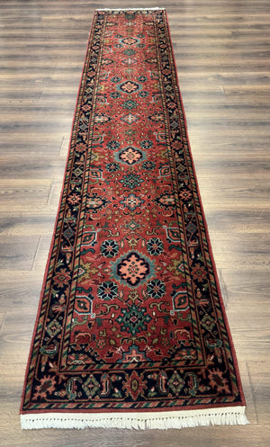 Indo Persian Heriz Runner Rug 2 x 12 ft, Hand Knotted Wool Hallway Rug, Red & Black